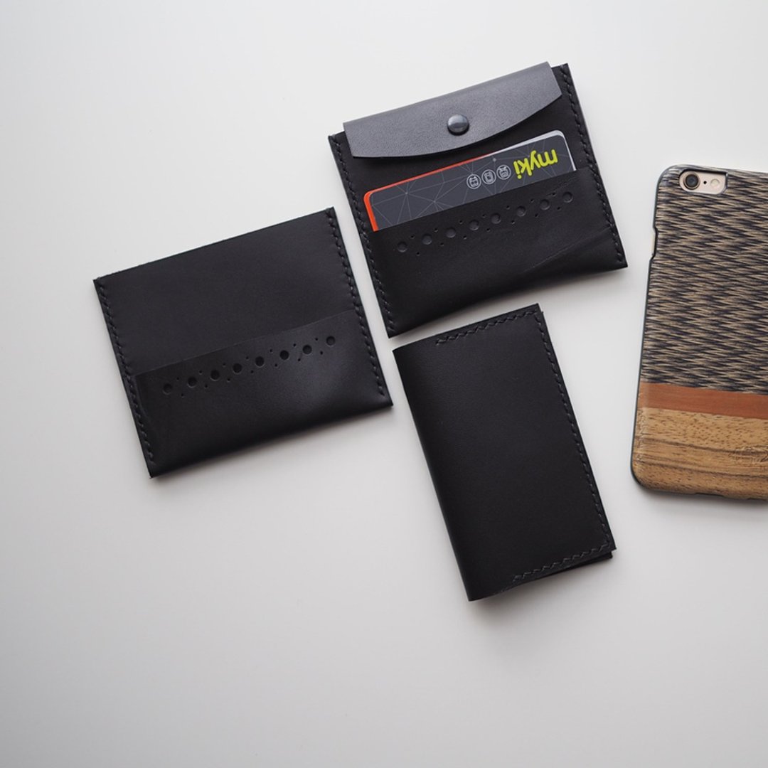 Leather Card Holder零钱卡皮夹-L028(翻盖), A set of L026+L028 - 皮夹/钱包 - 真皮 黑色