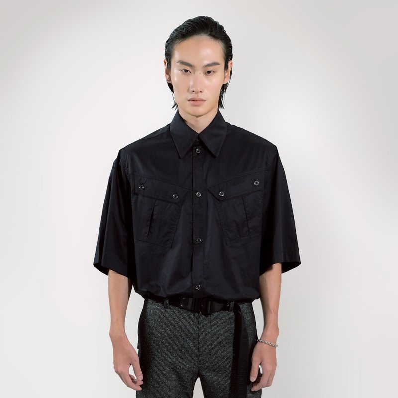 SEANNUNG 双斜口袋短袖衬衫 - 男装衬衫 - 棉．麻 黑色