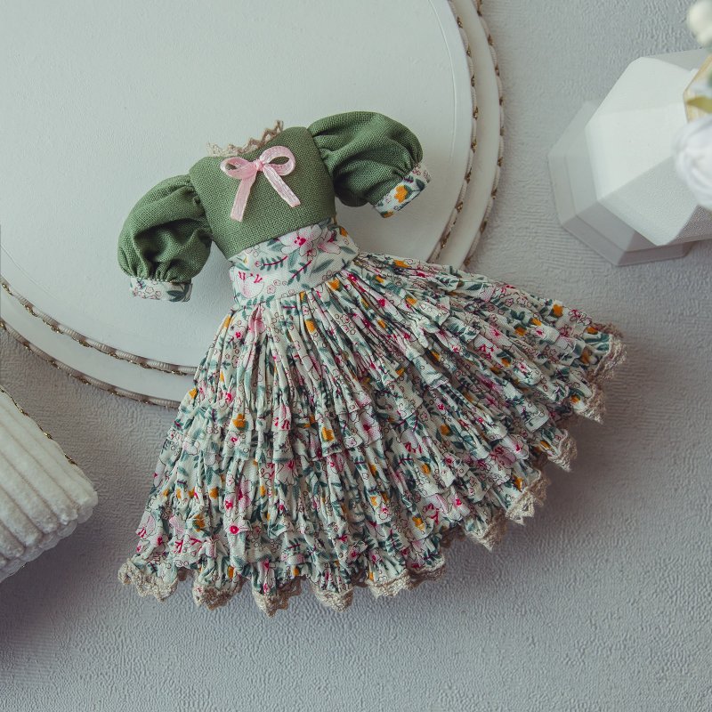 复古 Blythe 连衣裙套装 手工制作绿色碎花棉布娃娃 12 英寸 BJD - 玩偶/公仔 - 棉．麻 绿色