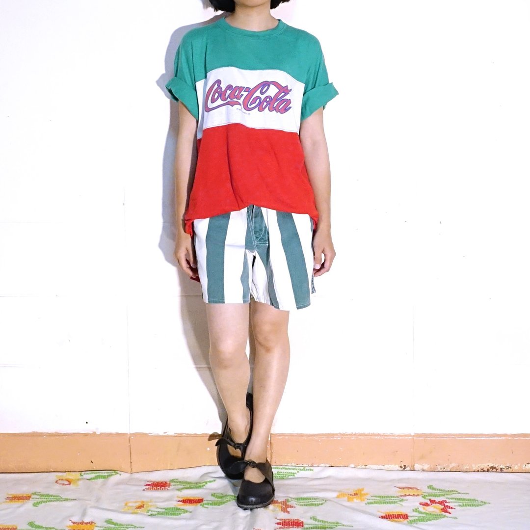 BajuTua/古着/ 80's 美国制可口可乐三色横条纹T-shirt - 中性连帽卫衣/T 恤 - 棉 红色