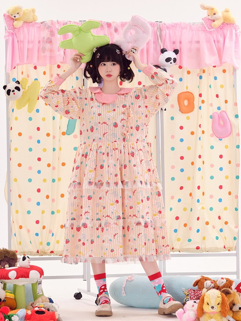 粉色印花连衣裙可收腰 - 洋装/连衣裙 - 棉．麻 多色