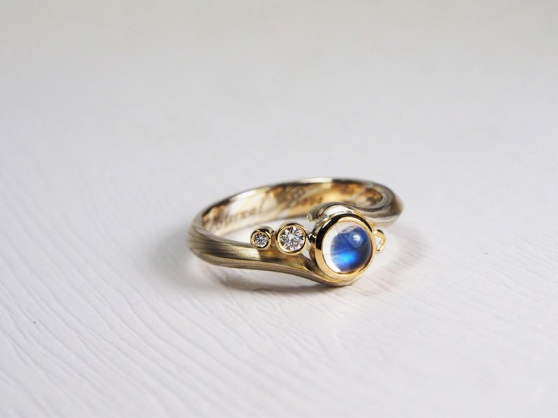 木目金 婚戒 订婚戒 木纹金  ( K金 / 钻石 / 蓝晕月光石) - 对戒 - 贵金属 金色