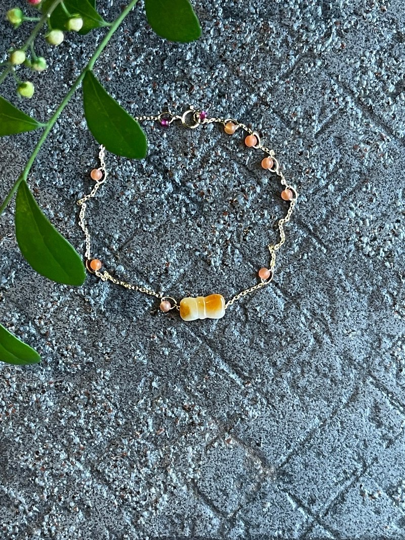 细手链 II 缅甸玉黄翡蝴蝶结X南红 I 防敏包金保色链缅甸A货翡翠 - 手链/手环 - 玉石 