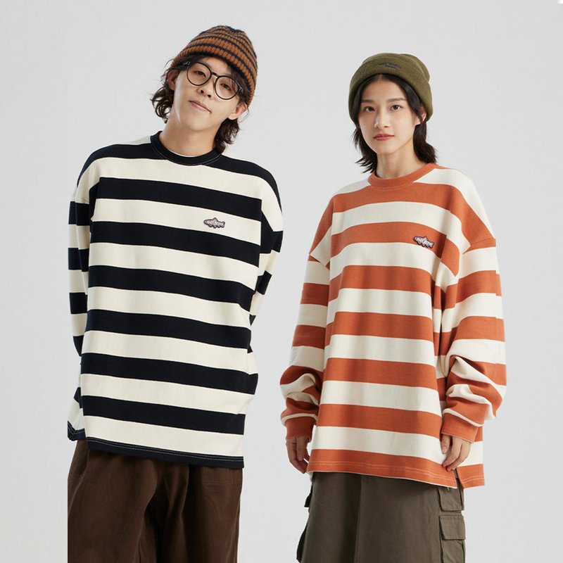 情侣撞色条纹卫衣学院风小众休闲上衣 - 男装上衣/T 恤 - 棉．麻 橘色