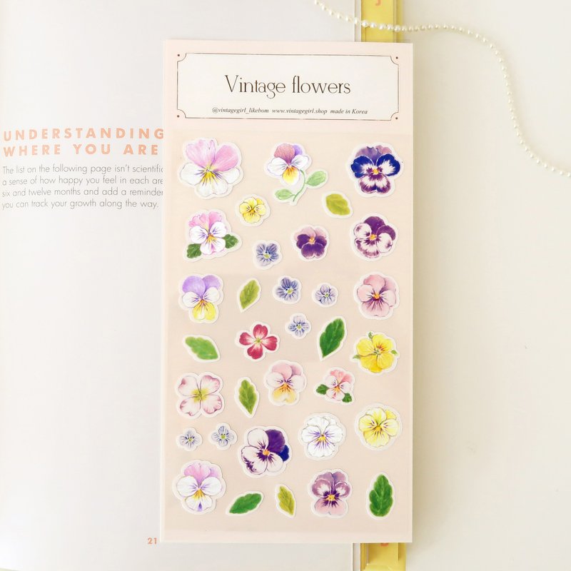 复古花卉贴纸 紫色三色堇 - 贴纸 - 纸 紫色