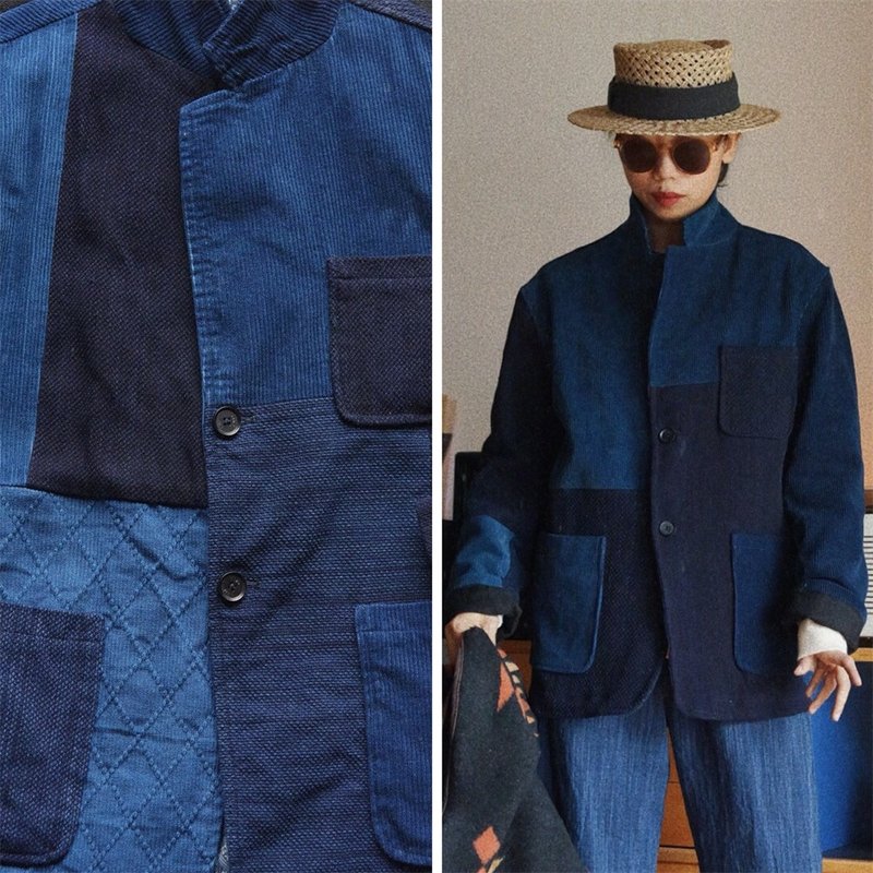 藍色植物染 中性經典西裝外套 劍道服燈芯絨 indigo拼接款 - 女装休闲/机能外套 - 丝．绢 蓝色