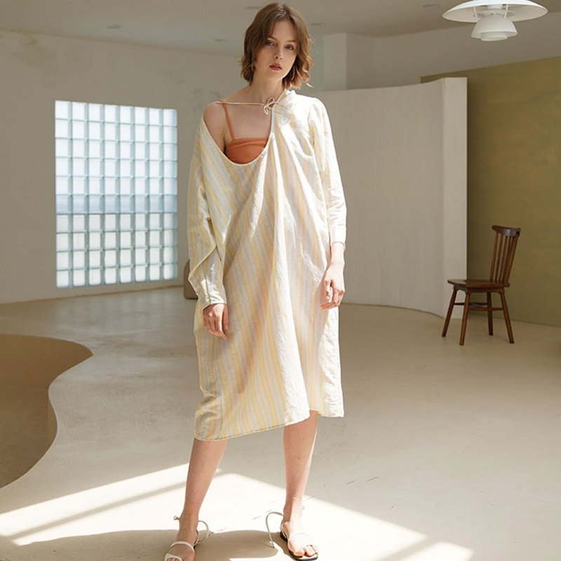 超寬鬆露背彩色條紋罩衫 / 土橘色吊帶裙 / 設計感棉質兩件式 - 洋装/连衣裙 - 棉．麻 多色