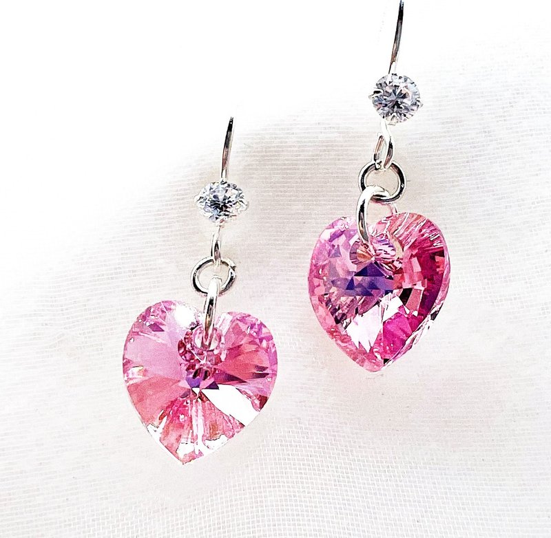 | 梦幻粉 | 柔粉恋语| 爱心耳环 |施华洛水晶 纯银钻耳勾 可改夹 - 耳环/耳夹 - 其他材质 粉红色