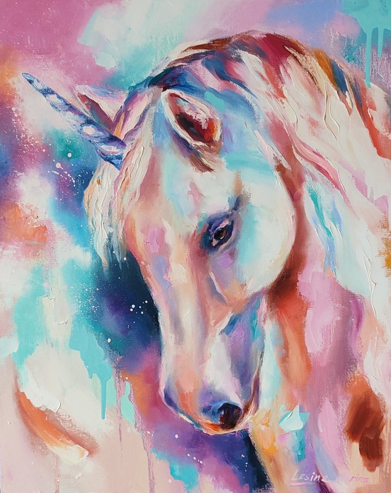 独角兽绘画彩虹独角兽原创艺术马苗墙艺术动物艺术 - 墙贴/壁贴 - 其他材质 粉红色