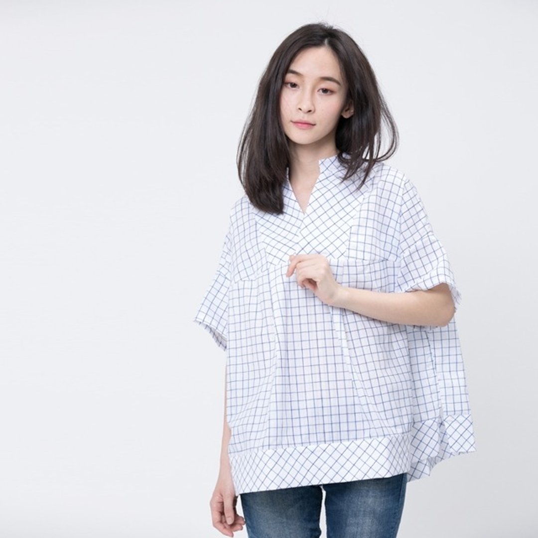 Nikita 尼基塔宽版上衣/蓝方格 - 女装上衣 - 棉 蓝色