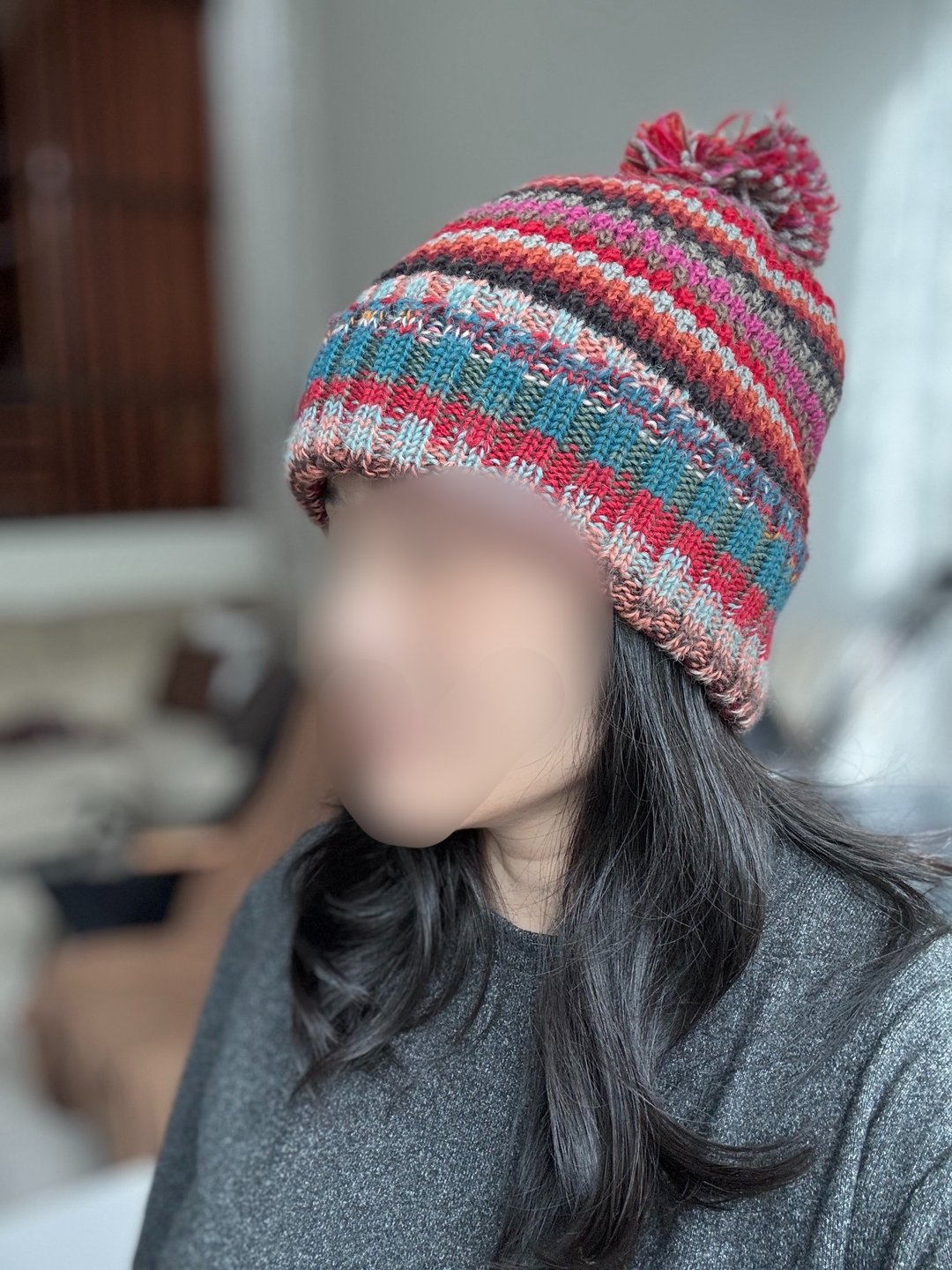 /精品/北欧织纹男女红蓝翻边堆堆帽毛球细软纯羊毛帽手工全衬防风 - 帽子 - 羊毛 红色