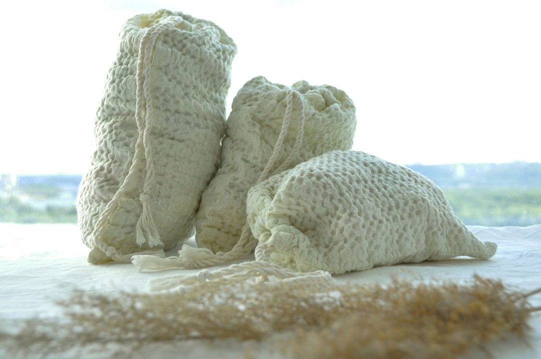 Zero waste waffle linen bag / Bags set / Reusable washable eco food storage - 束口袋双肩包 - 亚麻 黄色