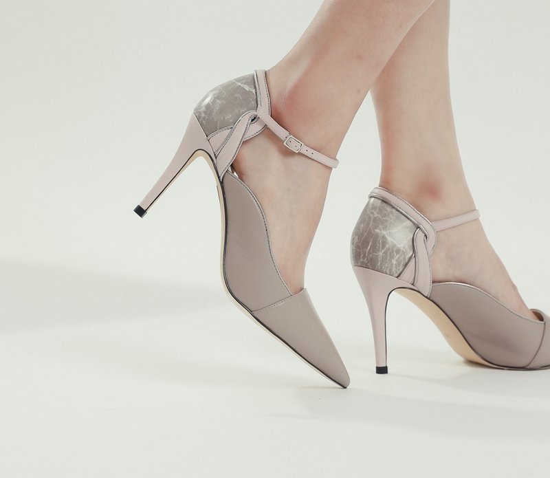 【 展示品出清 】纹饰后跟 细绳绕踝真皮高跟鞋 裸粉 - 高跟鞋 - 真皮 粉红色