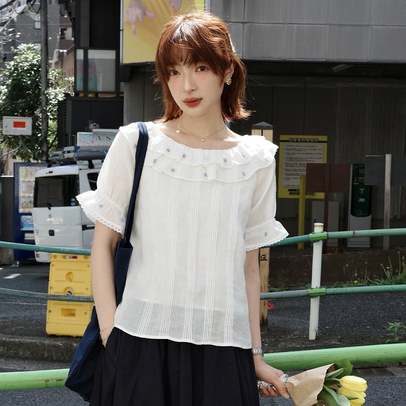小花刺绣苎麻小衫 | 衬衫 | 两色 | 夏款|Sora-2111 - 女装衬衫 - 棉．麻 多色