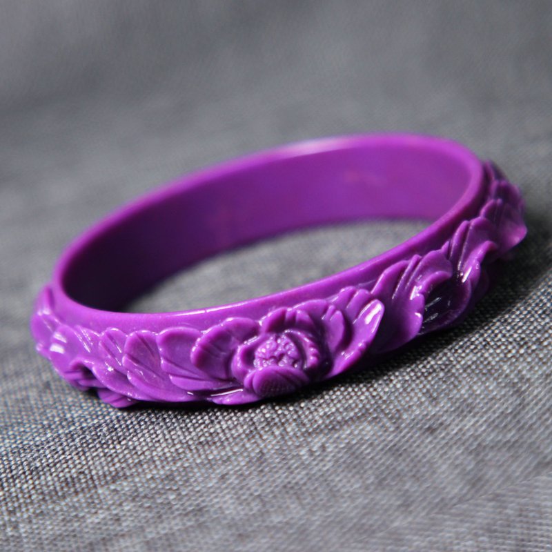 紫云母手镯60MM手工精雕花开富贵颜色浓郁典雅油润浪漫情人石手环 - 手链/手环 - 半宝石 紫色
