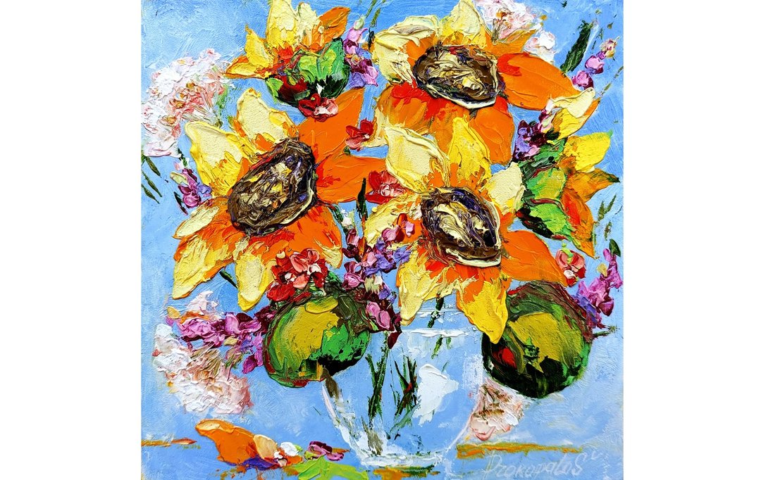 Sunflower Painting Original Art oil painting Floral Sunflowers Artwork 8x8 - 墙贴/壁贴 - 其他材质 黄色