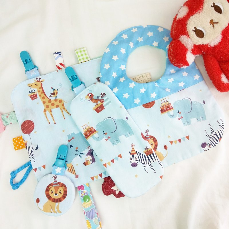 可绣名字。动物的生日派对。手工订制4件弥月组。可单买 - 满月礼盒 - 棉．麻 蓝色