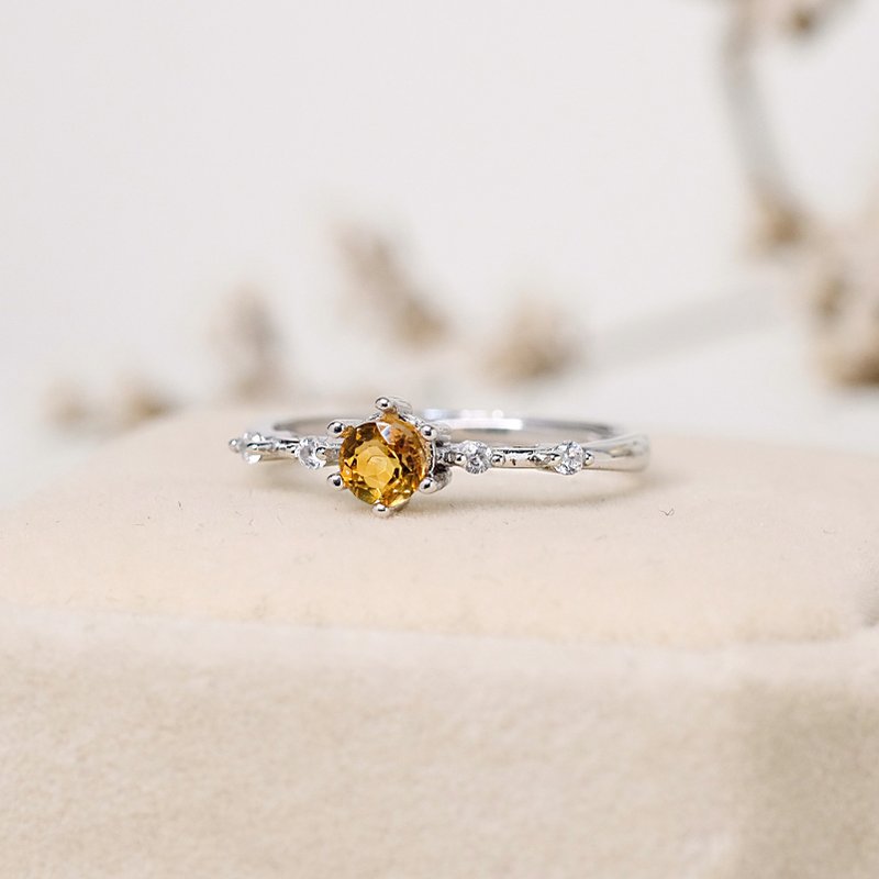 黄水晶 Citrine 925纯银 戒指 简约碎钻 11月诞生石 - 戒指 - 纯银 黄色