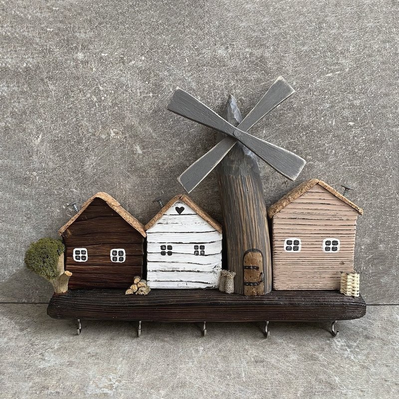 木质松木墙面钥匙圈附 5 个挂钩内部挂钩配件 - 衣架/挂勾 - 木头 多色