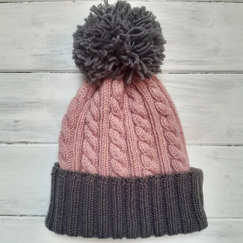 Hand Knit Warm Women Pink Gray Hat Fall Winter Handmade - 帽子 - 羊毛 粉红色
