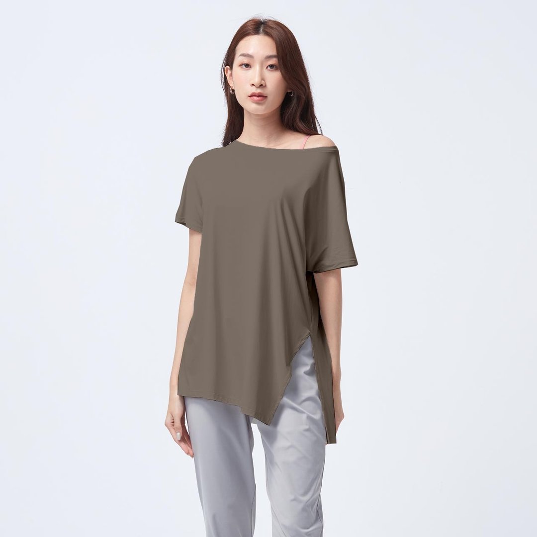 不可退换 /凉感侧开叉上衣-沥青 - 女装 T 恤 - 尼龙 绿色