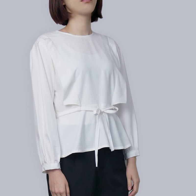 白色饰肩打折腰绑带上衣 - 女装衬衫 - 其他人造纤维 白色