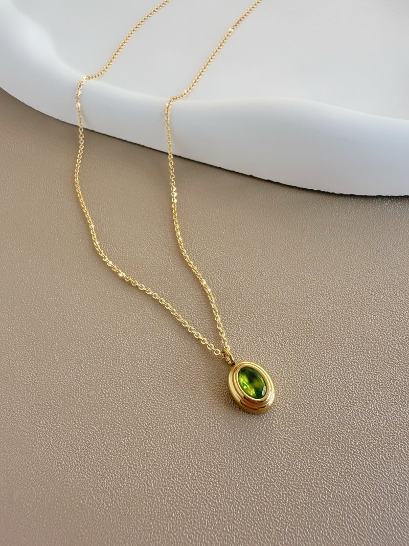 【精致礼盒】小型椭圆复古双层边锆石项链18KGF－露西系列仲夏绿 - 项链 - 其他金属 绿色