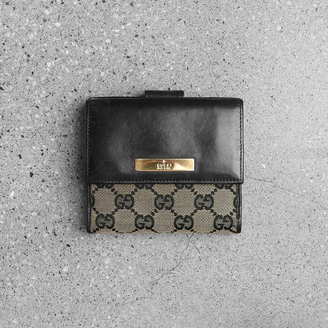 GUCCI 古董印花短夹 / Vintage 古着 - 皮夹/钱包 - 真皮 黑色