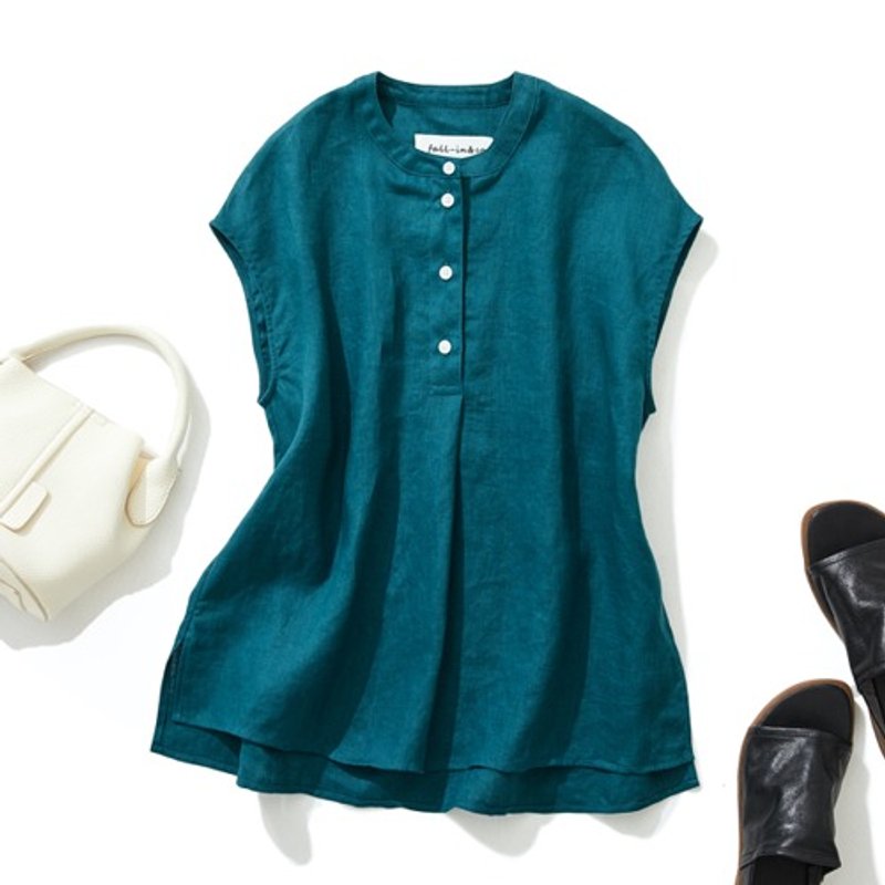 法式优雅 亚麻短袖上衣 透气舒适 轻盈柔软 孔雀青　230801-4 - 女装上衣 - 棉．麻 