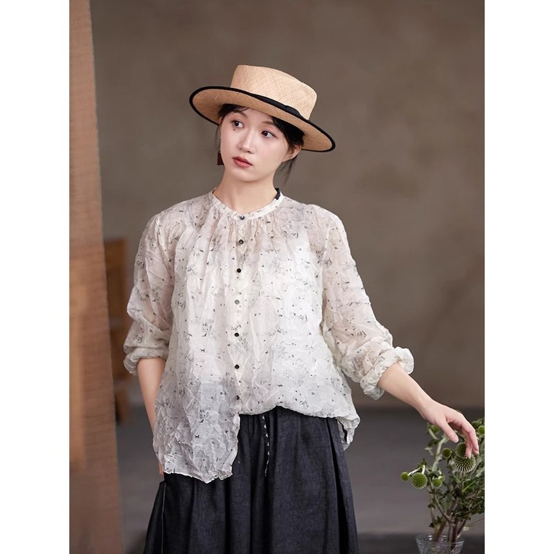碎花仕女图桑蚕丝棉轻薄压褶衬衫 - 女装衬衫 - 棉．麻 