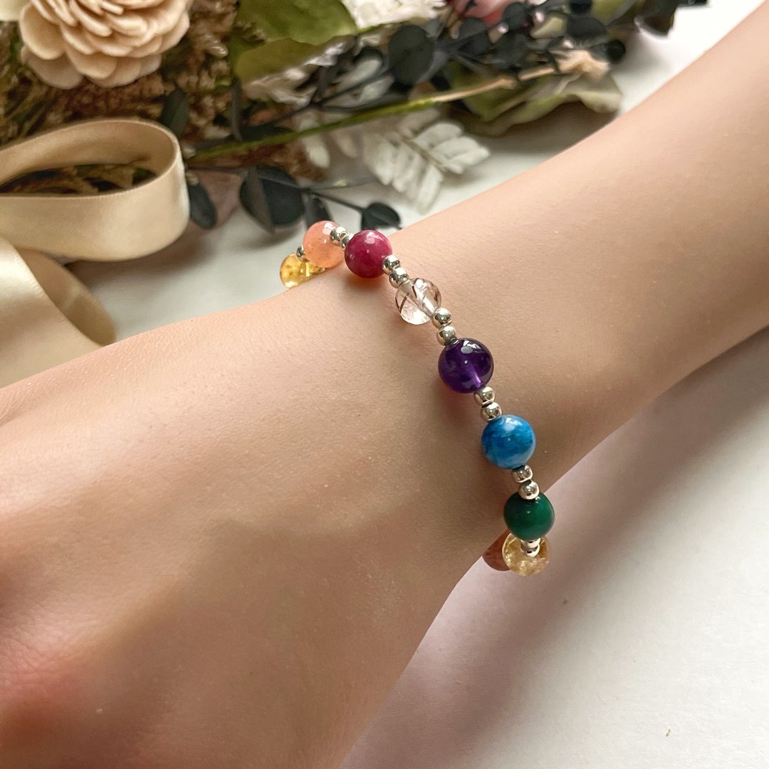 整体提升 天然水晶手链 孔雀石 磷灰石 紫水晶 S925纯银 - 手链/手环 - 水晶 