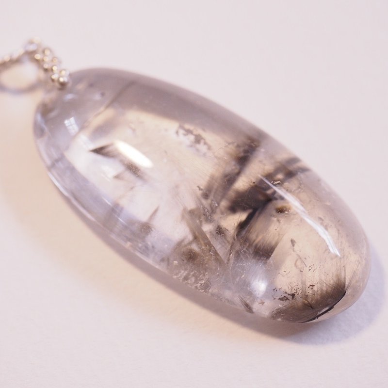 天然黑银钛 大颗 手工纯银坠子 Brookite in Quartz - 项链 - 半宝石 透明