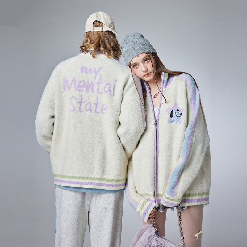 拼色针织开衫外套 情侣小狗立领毛衣女 - 男装针织衫/毛衣 - 聚酯纤维 