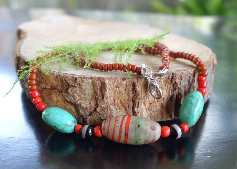 天然老绿松石项链 管状老琉璃珠 西藏老绿松石 古董文玩 藏传 - 项链 - 玉石 多色