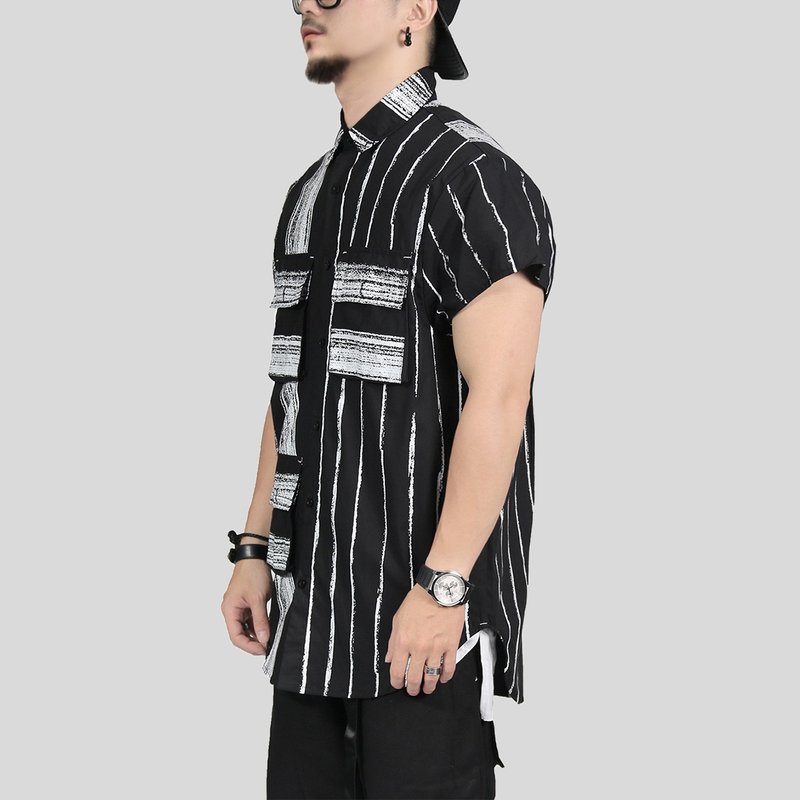 【ionism】斜袖笔刷口袋衬衫黑 - 男装衬衫 - 其他材质 黑色