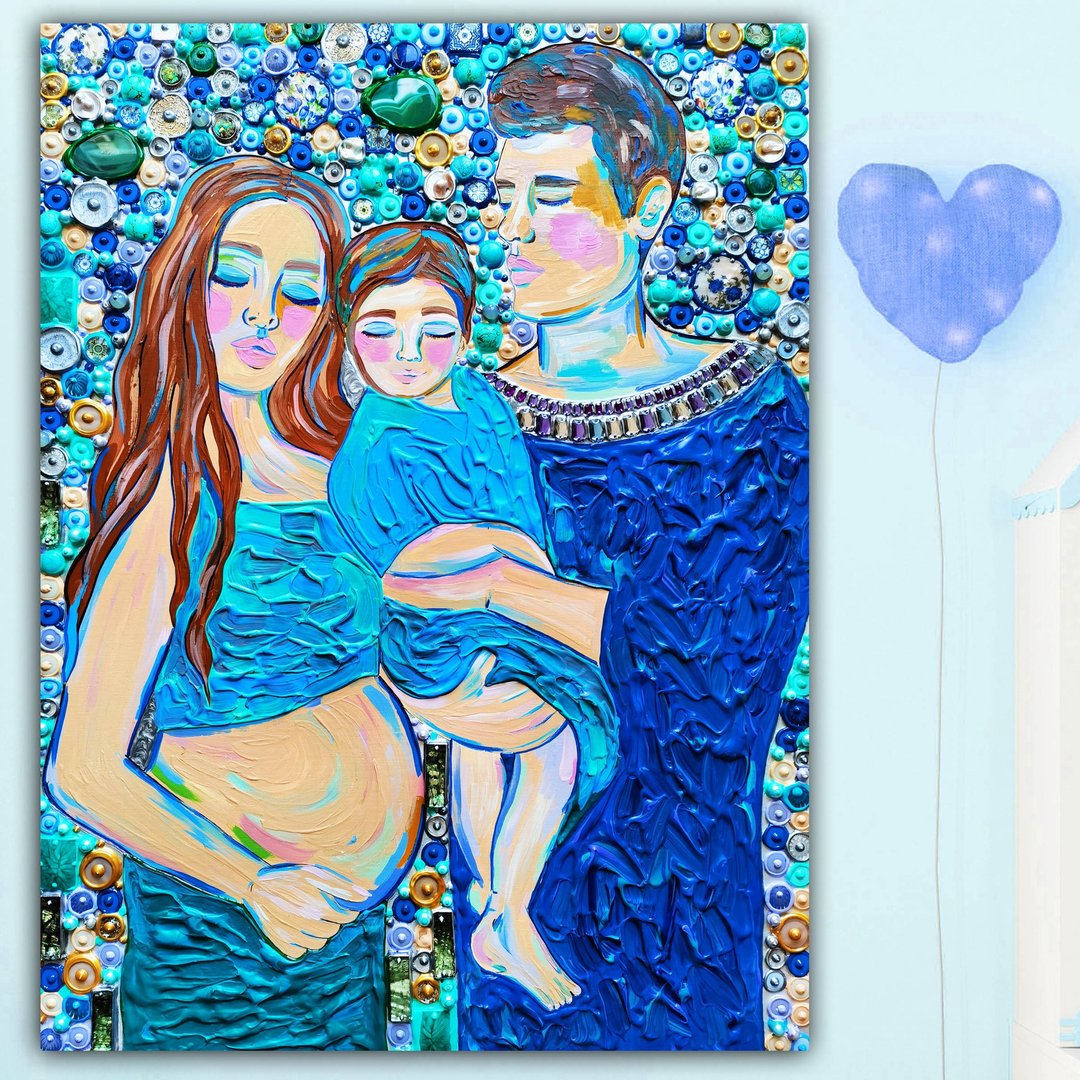 Handmade painting Family portrait Father, Mother and Child. Gemstones mosaic art - 海报/装饰画/版画 - 压克力 蓝色