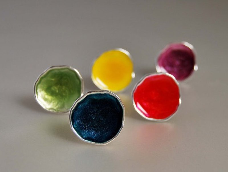 925纯银 搪瓷彩树脂简约意识流多色戒指 红/黄/绿/蓝/紫 七彩跳跃水花 混搭必备 创意设计订婚结婚生日礼物 R154 | 希腊原创手工饰品 This and That - 戒指 - 其他金属 紫色