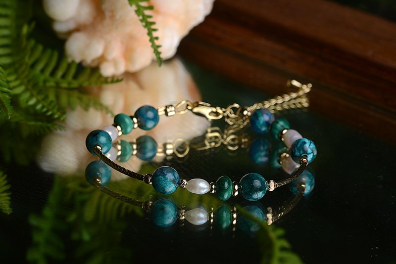 【神山晶礦】撒落在綠湖上的珍珠/鳳凰石/孔雀石/珍珠 - 手链/手环 - 水晶 绿色