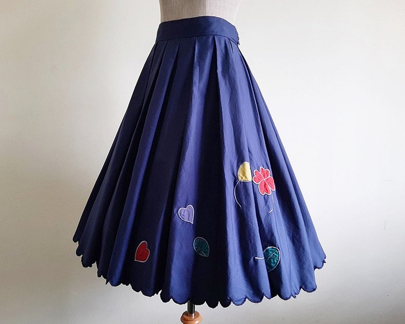 复古海军蓝刺绣裙 女士 棉质 百褶 中长裙 M 28寸腰围 - 裙子 - 棉．麻 蓝色
