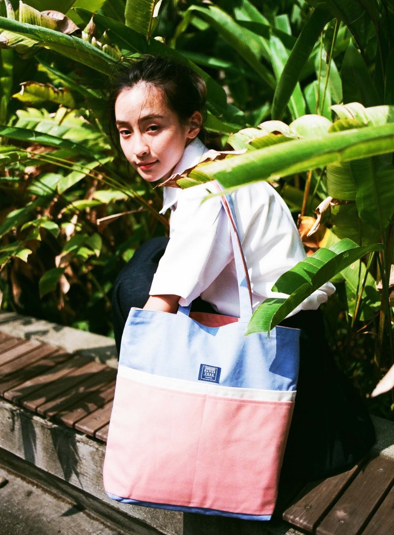 肩背托特包 _ 天蓝白粉红 - 侧背包/斜挎包 - 棉．麻 粉红色