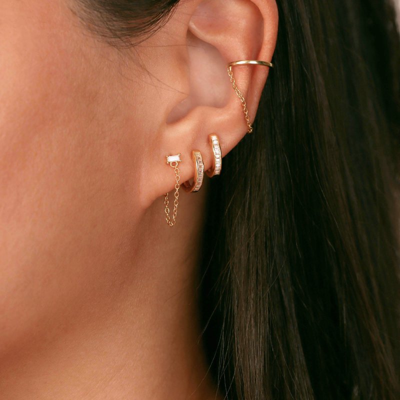 s925銀歐美風個性疊戴流蘇耳釘 鏈條耳釘 鋯石鏈條 防敏感耳釘 - 耳环/耳夹 - 银 金色