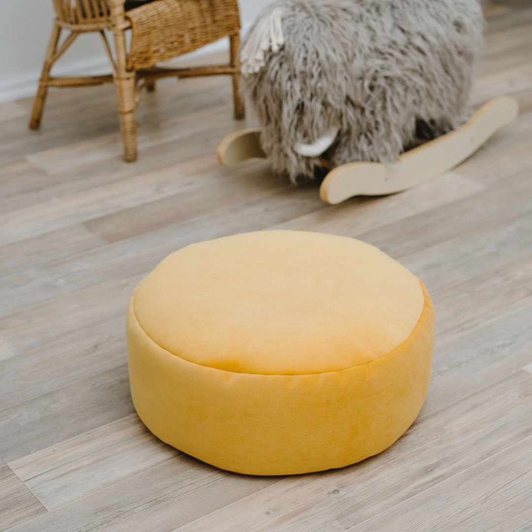 Mustard small velvet round bean bag chair - toddler nursery floor cushion - 椅子/沙发 - 其他材质 黄色