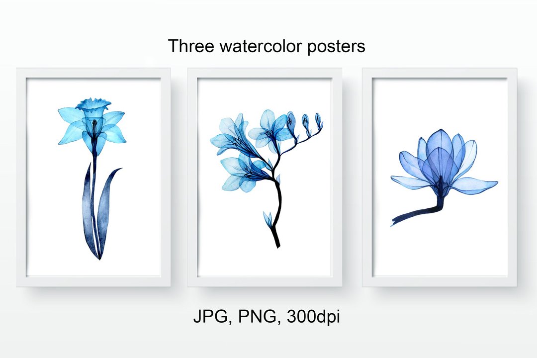 Artistic print 3 transparent blue flowers. Printable Watercolor. - 电子手绘真人画像/绘画/插画 - 其他材质 