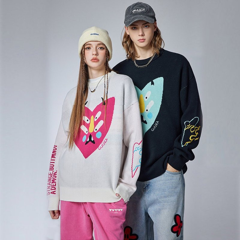 情侣黑色毛衣 男士白色爱心提花圆领针织衫女 - 男装针织衫/毛衣 - 棉．麻 白色