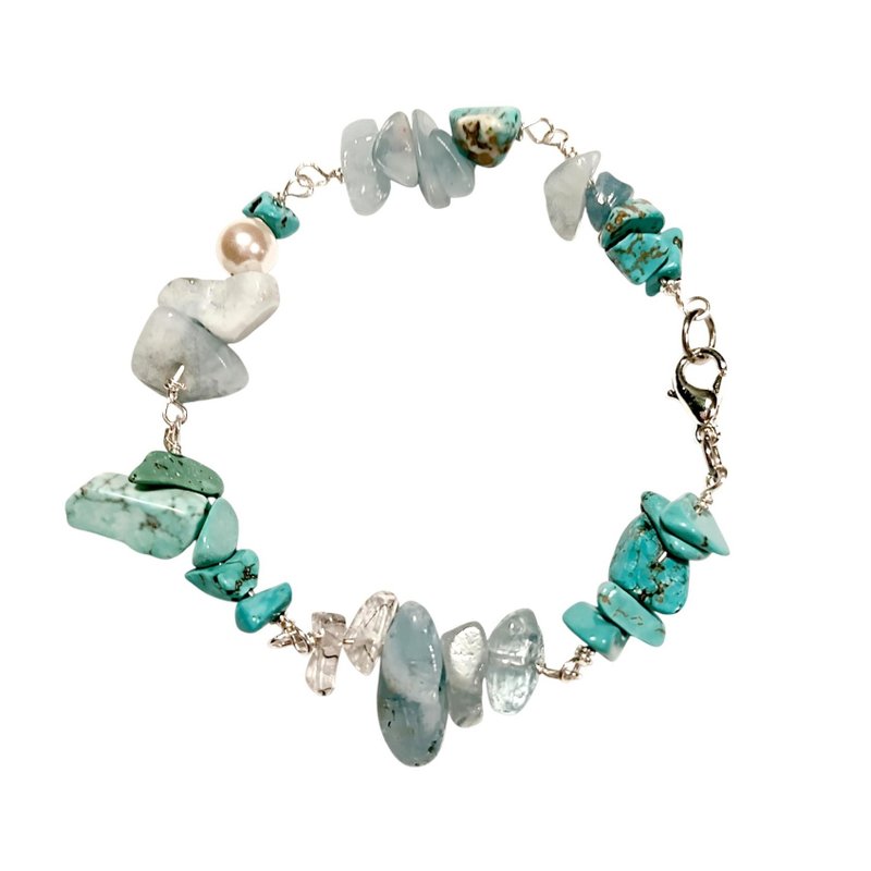 模造绿松石 海蓝宝 水晶珍珠 银色金属线手链 - 手链/手环 - 铜/黄铜 