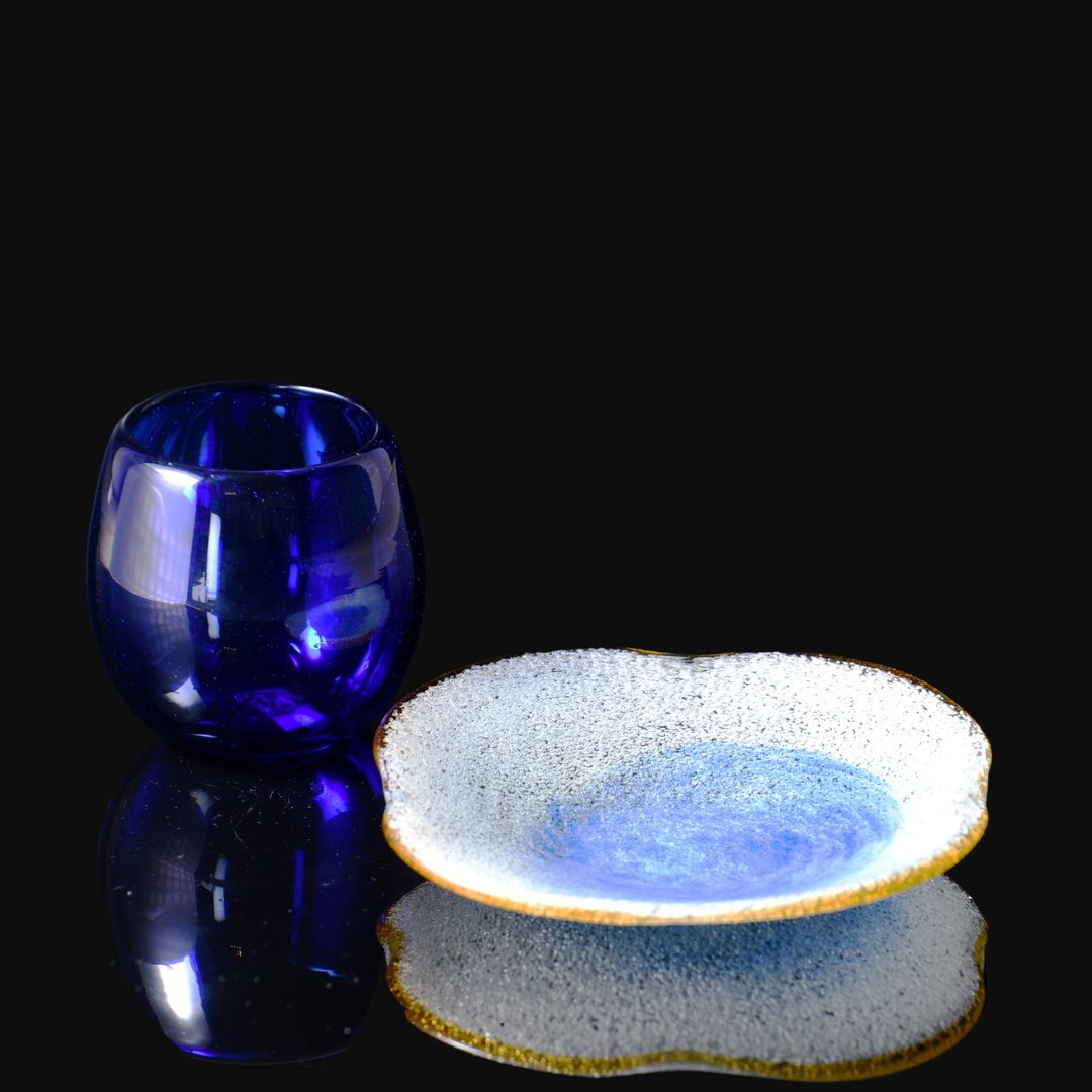 Ryukyu Glass Barrel Glass + Foam Plate Set from Okinawa_Japan - 盘子/餐盘/盘架 - 玻璃 