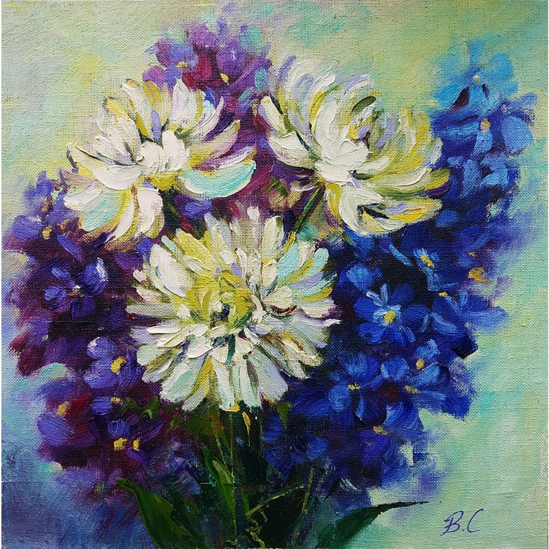 Original Oil Painting Bouquet Chrysanthemum Flowers Impressionism 30x30 cm - 墙贴/壁贴 - 其他材质 多色