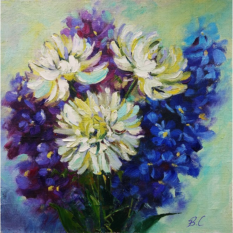 Original Oil Painting Bouquet Chrysanthemum Flowers Impressionism 30x30 cm - 墙贴/壁贴 - 其他材质 多色