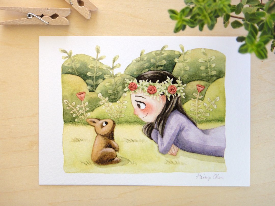 女孩与兔兔 水彩插画明信片 万用卡 艺术画卡 - 卡片/明信片 - 纸 绿色
