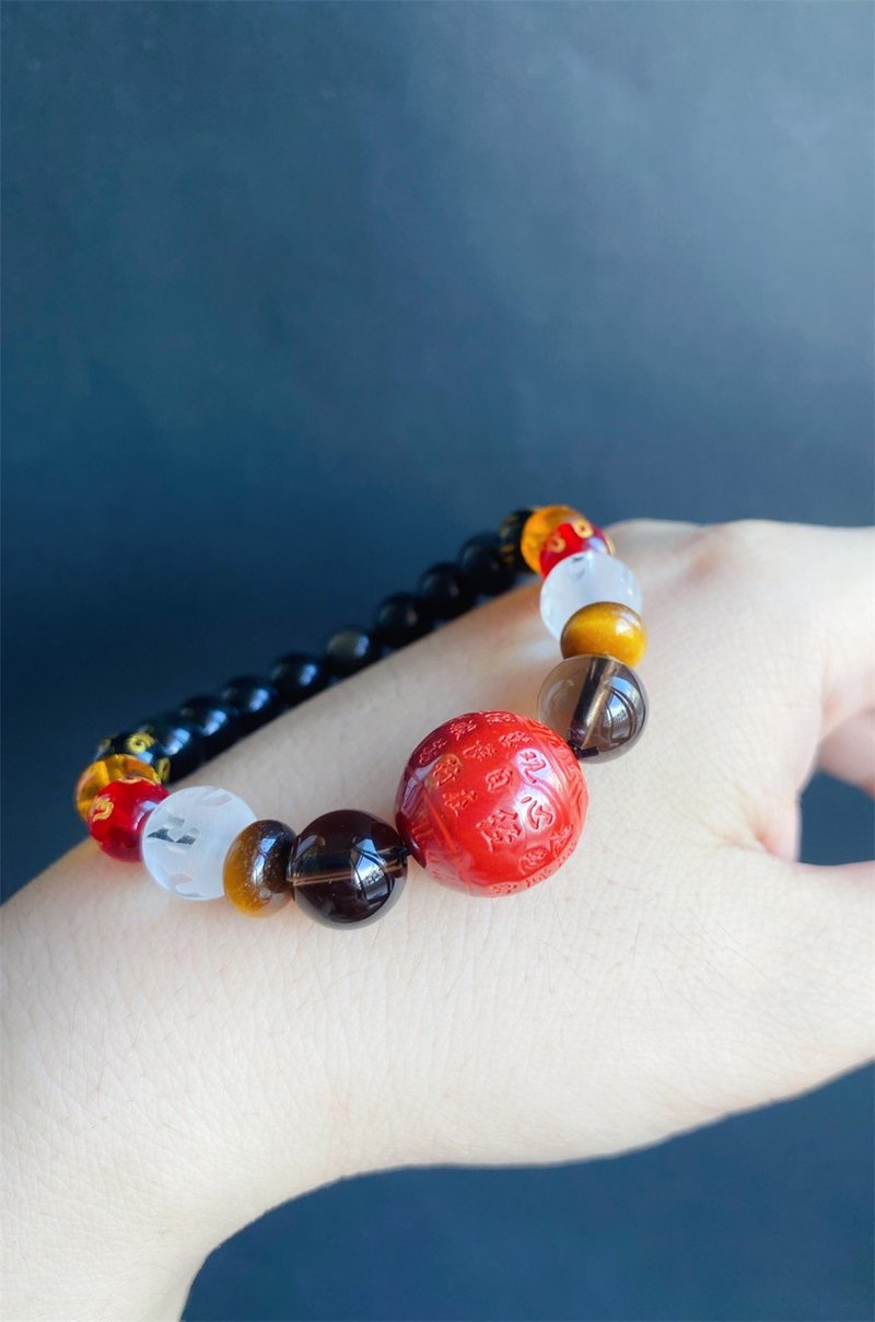 护 朱砂心经 黑曜石 茶晶 健康 六字琉璃珠 设计款 男女手 - 手链/手环 - 水晶 黑色